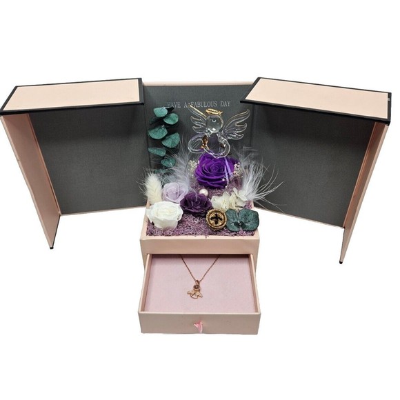 Preserved Flowers Roses In Box, I Love You S925 Angel Necklace Rose Gold Toned - Picture 1 of 11